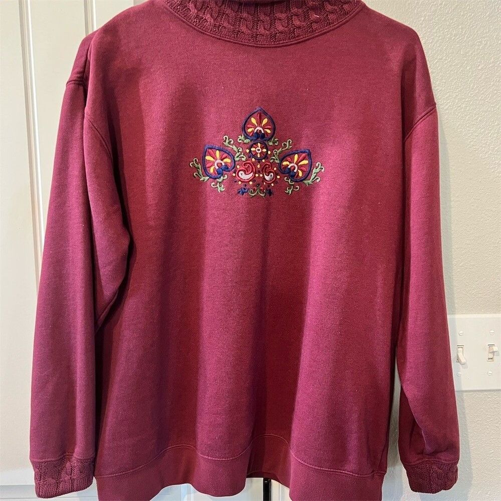 Hunt Club Sweater Womens S Burgundy Embroidered Pullover Mock Neck Cozy
